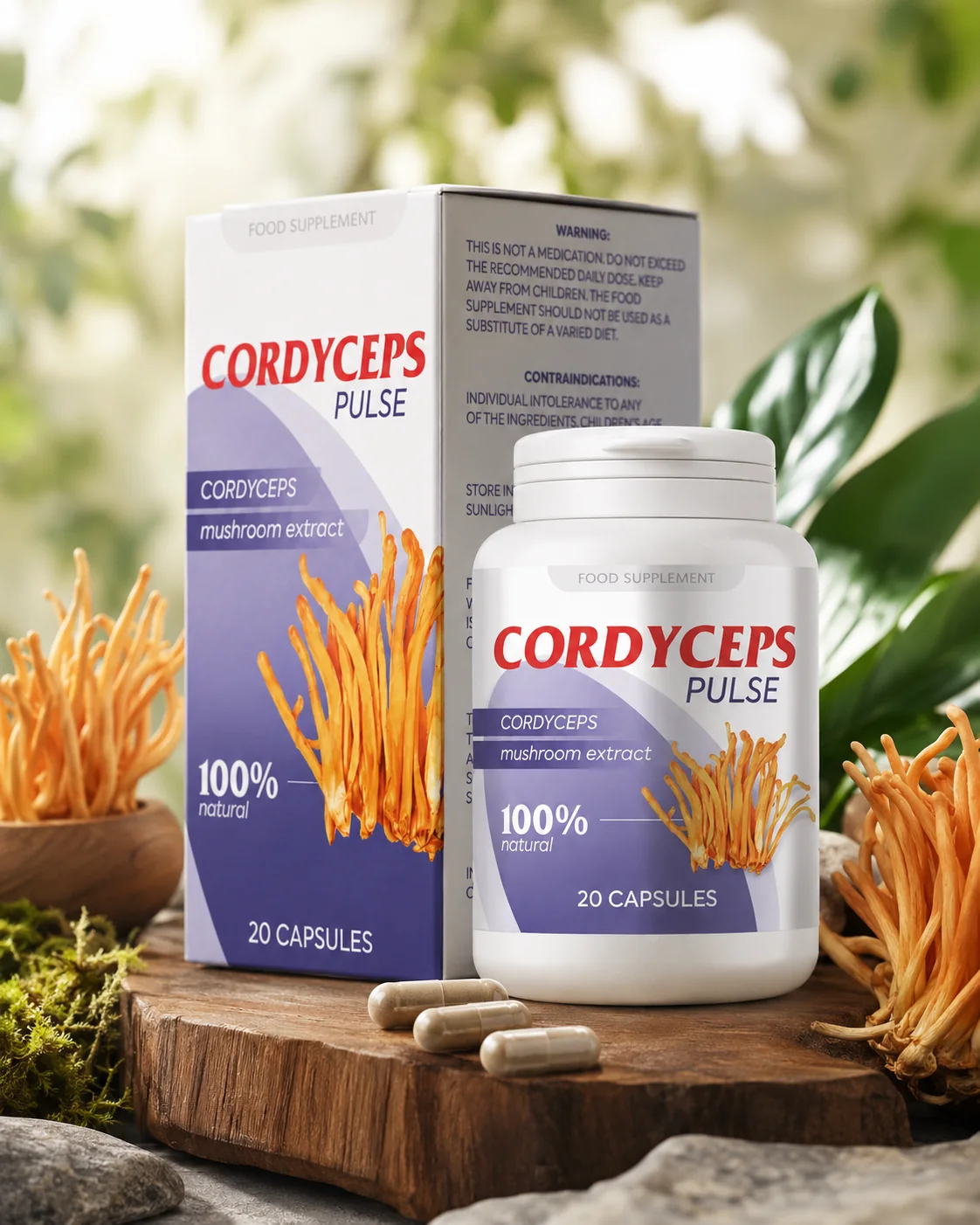 Cordyceps Pulse entouré de Cordyceps chinois — mise en scène sobre
