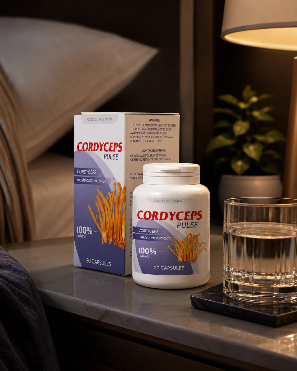 Cordyceps Pulse présenté dans un intérieur calme — mise en scène sobre
