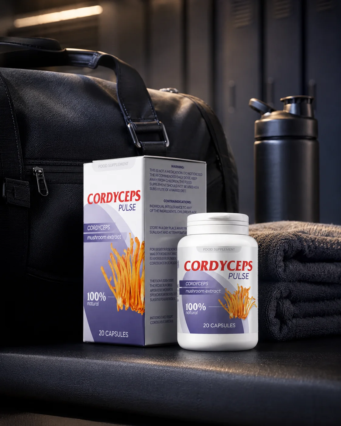 Boîte et flacon de Cordyceps Pulse dans un environnement sportif — mise en scène sobre